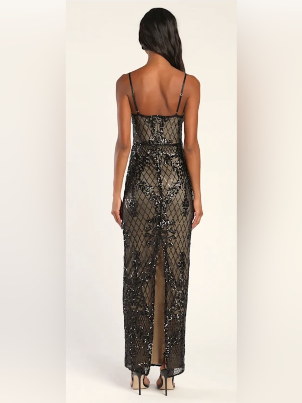 Lulus Moonlit Love Black Sequined Evening Gown with Spaghetti Straps - Picture 3 of 9